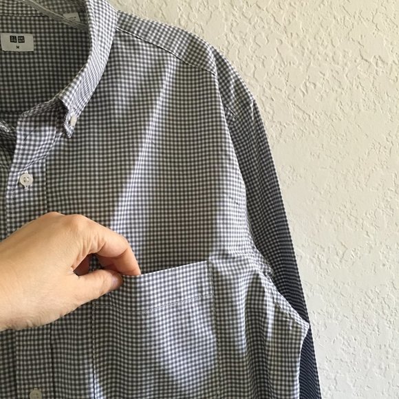 Uniqlo Mens Button Down Casual Shirt Checker Front Pocket Size M Grey - Picture 5 of 12